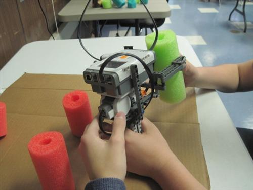 students measuring a tree trunk with a Lego caliper 