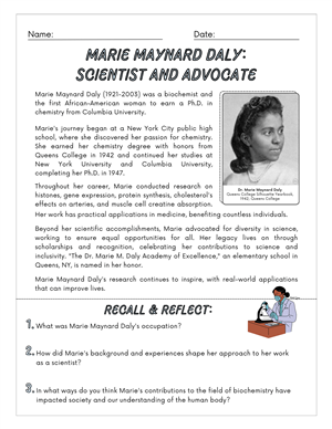 Photo of an assignment for Black History Month focused on learning about Marie Maynard Daly, scientist and advocate.