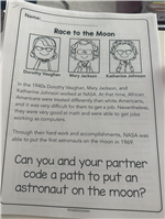 Photo of a coding assignment in which students "code a path to put an astronaut on the moon." Part of Black History Month.