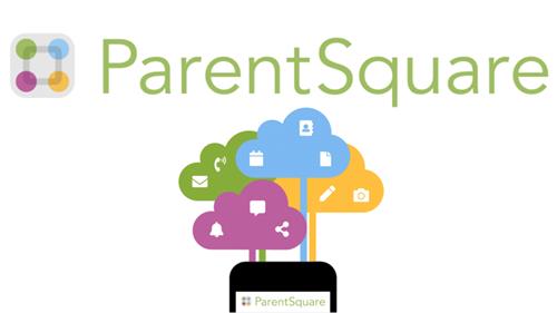 Parent Square logo showing images for different types of communication in word clouds, coming out of a cell phone